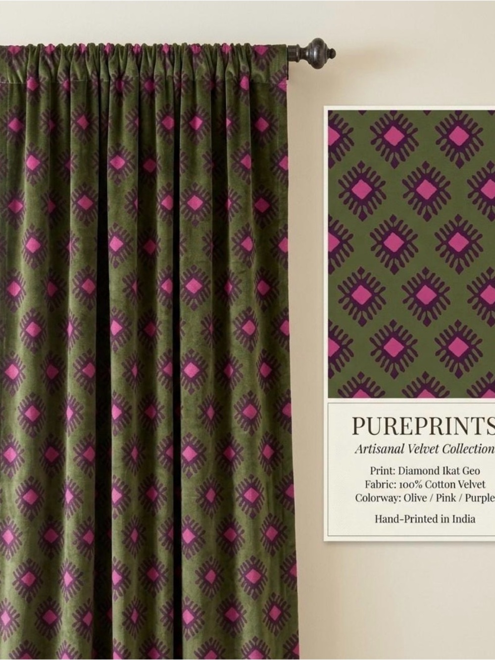 PurePrints Olive and Pink Velvet Curtain Panel